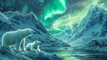 an arctic landscape with icy peaks, a glowing aurora borealis, and playful polar bears.