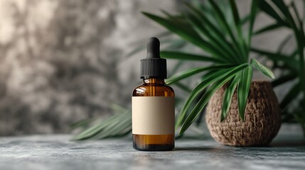 Aufkleber - Minimalist mockup product presentation featuring sleek cosmetic dropper bottle blank label elegantly positioned alongside vibrant palm leaf a soft grey background highlighting natural skincare beauty