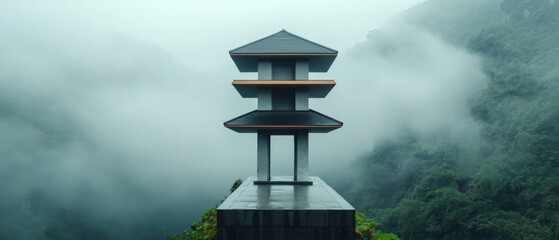 a tower on top of a mountain with fog