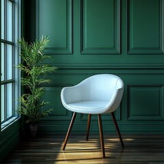 Fototapete - Minimalist white chair stands against the backdrop of a green room with classic wall panel frames The contrast of light and dark enhances the modern luxury feel of this empty studio space