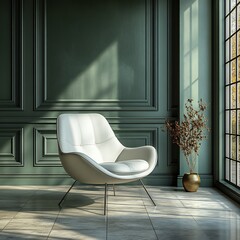 Fototapete - Minimalist white chair stands against the backdrop of a green room with classic wall panel frames The contrast of light and dark enhances the modern luxury feel of this empty studio space