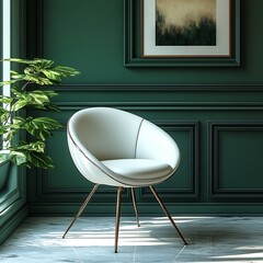 Poster - Minimalist white chair stands against the backdrop of a green room with classic wall panel frames The contrast of light and dark enhances the modern luxury feel of this empty studio space
