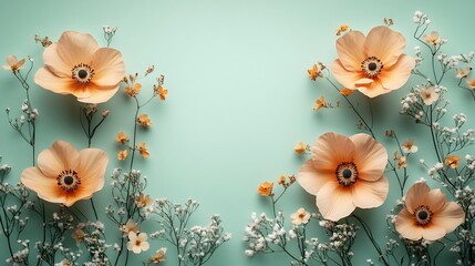 Poster - Minimalistic beige invitation card adorned with delicate flowers elegantly placed on a soft light green background offering ample copy space for text showcasing generative AI's beautiful art design