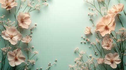 Fototapete - Minimalistic beige invitation card adorned with delicate flowers elegantly placed on a soft light green background offering ample copy space for text showcasing generative AI's beautiful art design