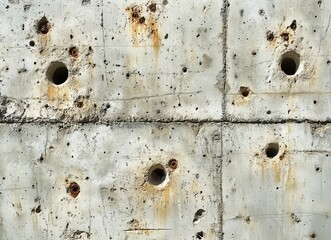 Poster - Abstract View of Weathered Concrete Wall Featuring Rusty Bolts and Drill Holes, Perfect for Industrial, Urban, or Architectural Backgrounds in Photography Projects