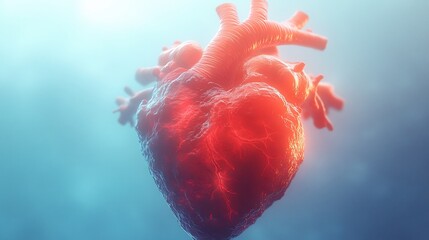 Poster - Minimalistic clean background showcasing a 3D human heart anatomy against a blue backdrop Highlight features of cardiac artery disease arrhythmia and heart attack with a red gradient effect