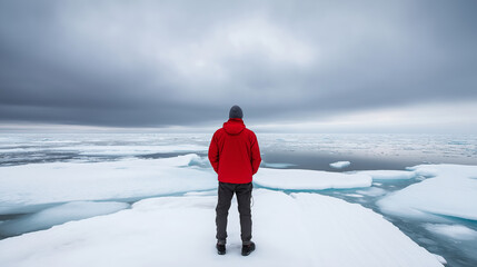 Wall Mural - researcher analyzing receding arctic ice sheet, documenting environmental transformation caused by g
