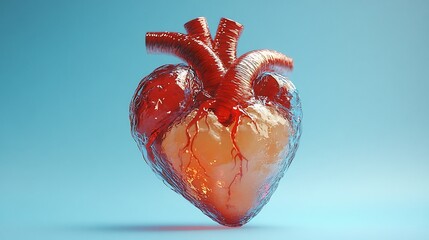 Poster - Minimalistic clean background showcasing a 3D human heart anatomy against a blue backdrop Highlight features of cardiac artery disease arrhythmia and heart attack with a red gradient effect