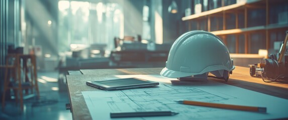 Poster - Construction Workspace with Drafting Plans, Safety Helmet, Mobile Device, and Measuring Tools in Sunlit Environment Showcasing an Architect's Creative Process