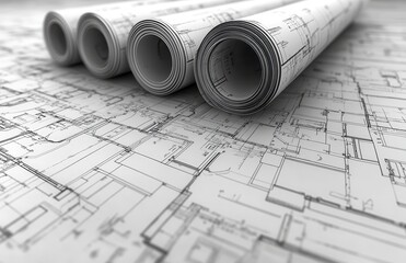Poster - Detailed Architectural Blueprints Rolled Up on a Working Surface, Symbolizing Creative Design and Planning for Future Construction Projects and Renovations