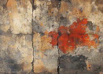 Poster - Detailed cracked wall texture with layers of peeling paint showcasing an abstract blend of earthy tones such as gray, brown, and vibrant orange for artistic backgrounds or designs