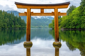 A serene torii gate stands over calm waters, surrounded by lush greenery and mountains, reflecting tranquility and nature's beauty.