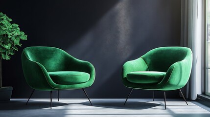 Fototapete - Modern living room featuring elegant green armchairs with a soft curved design and black metal legs set against a dark background highlighting their minimalist style