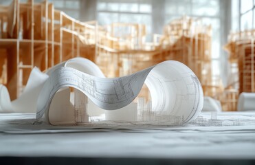 Aufkleber - Innovative Architectural Model Created with Detailed Curves and Flowing Lines on Large White Paper in a Bright Studio with Wooden Structures in the Background