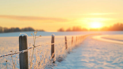 Wall Mural - wooden fence posts covered with snow and frost stand along a snowy field, a winding road visible in 
