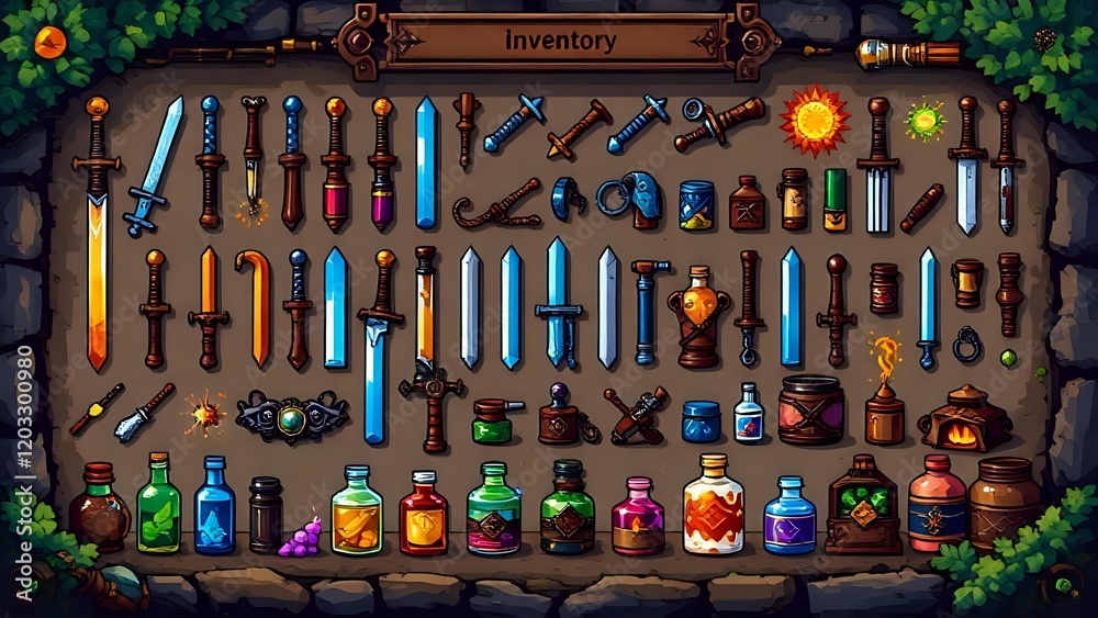 Video Game Inventory Box RPG Game Inventory Items - Pixel Art Asset Pack Stock Illustration ...
