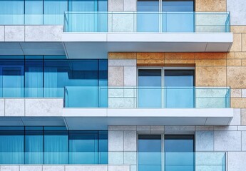 Aufkleber - Modern Architectural Design Featuring Colorful Balcony Balustrades and Sleek Glass Facades in a Contemporary Urban Environment