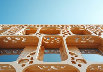 Aufkleber - Modern architectural design featuring intricate wooden facade with cut-out patterns against a blue sky, showcasing innovation and creativity in contemporary building structures.