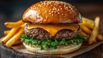 Poster - Mouthwatering juicy beef tenderloin burger topped with melted cheese and fresh lettuce nestled in a fluffy brioche bun served with a side of crispy golden French fries on a rustic table