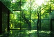 © ANUAR - Serene Interior Space with Large Glass Walls Showcasing Lush Green Trees and Sunlight Streaming Through in a Tranquil Environment