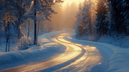Poster - Picturesque winter scene featuring a curved snowcovered road winding through a tranquil forest surrounded by tall snowy trees and glistening icy asphalt evoking a serene and peaceful atmosphere