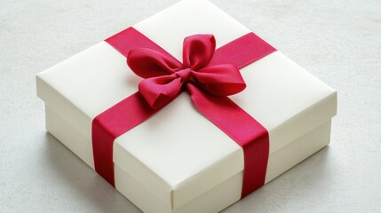 Wall Mural - Elegant white gift box adorned with a red satin ribbon bow