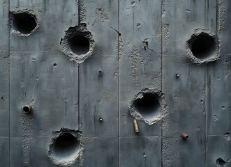 Poster - Urban Decay and Texture of Weathered Concrete Wall with Visible Holes, Cracks, and Metal Objects Reflecting Years of Wear in a Grunge Aesthetic