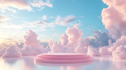 Fototapete - Pink 3D podium floating among soft clouds in a serene sky designed for product presentation The stand sits in an empty studio illuminated by gentle sunlight for a dreamy display
