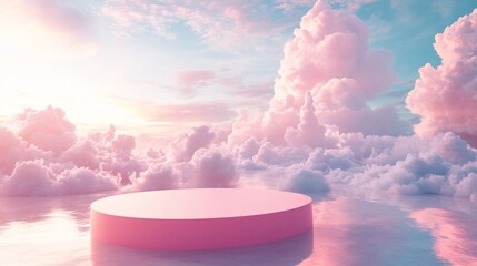 Fototapete - Pink 3D podium floating among soft clouds in a serene sky designed for product presentation The stand sits in an empty studio illuminated by gentle sunlight for a dreamy display