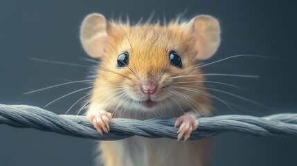 Poster - Playful scene of a mouse munching on tangled electrical wires set against a sleek gray minimalistic backdrop capturing the mischievous behavior of the mouse in a modern design context