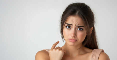 A young woman appears troubled, furrowing her brow while pointing to herself, possibly pondering a personal issue. The background is simple and light, focusing attention on her expression.