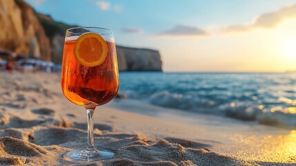 Poster - Refreshing Aperol Spritz cocktail elegantly placed on a sandy beach with the sparkling sea in the background inviting you to enjoy the moment and offering ample space for promotional text