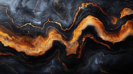 Poster - Rich black marble texture with striking copper veins flowing in a liquid wave pattern This elegant stone surface adds a sophisticated touch perfect for luxury design projects and modern spaces