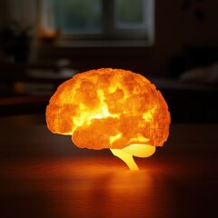 Poster - Illuminated brain-shaped puzzle on modern table macro of neuroplasticity warm light environment