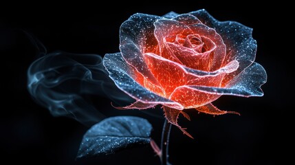 Canvas Print - Glowing red and blue rose with smoke.