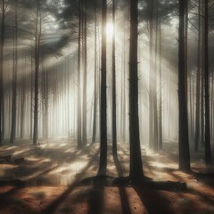 Wall Mural - Misty Morning in a Pine Forest Create an atmospheric scene of a