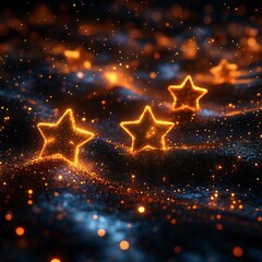 Fototapete - Row of glowing golden 3D stars icons symbolizing quality rating framed by holographic medals for customer feedback Dynamic backdrop with space for brand or product review text
