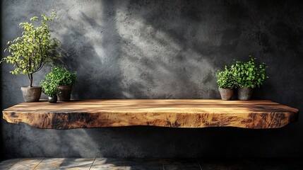 Poster - Rustic wood countertop highlighted a contemporary kitchen with an empty wooden table against a dark concrete wall This 3D brown podium is ideal for advertising and creating compelling design mockups