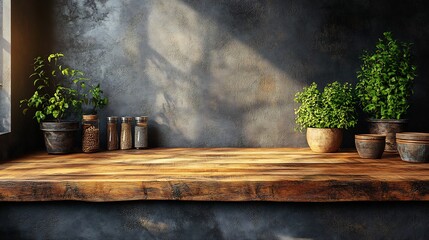 Poster - Rustic wood countertop highlighted a contemporary kitchen with an empty wooden table against a dark concrete wall This 3D brown podium is ideal for advertising and creating compelling design mockups