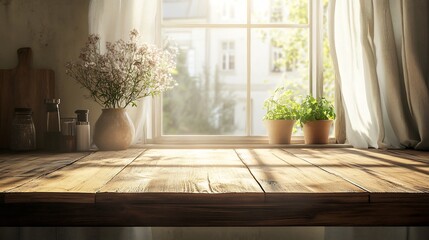 Poster - Rustic wood kitchen tabletop illuminated by sunlight streaming through a window adorned with a white curtain creating an empty countertop mockup perfect for showcasing home and beauty products