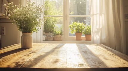 Poster - Rustic wood kitchen tabletop illuminated by sunlight streaming through a window adorned with a white curtain creating an empty countertop mockup perfect for showcasing home and beauty products