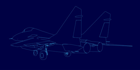 Poster - Blue jet is shown in a blue image. The jet is a fighter jet and is shown in a stylized way. The image has a futuristic and sleek look to it