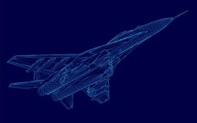 Poster - Blue jet is shown in a computer generated image. The jet is in the middle of the image and is the main focus. The image has a futuristic and technological feel to it