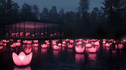 Sticker - Serene night scene of glowing pink lotus flowers on a tranquil water surface near a modern pavilion