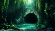 © avissarahmanita - Mysterious Dark Cave Entrance in Lush Green Jungle with Ancient Stone Ruins and Hidden Water Pathway, Leading to the Unknown Depths of the Earth.  A Digital Fantasy Illustration with Dramatic Lighting