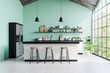 © Abian rasyid - Modern Mint Green Kitchen Island with Bar Stools and Large Window