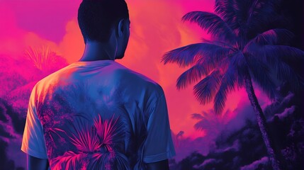 Wall Mural - Neon Sunset Tropical Shirt Design with Palm Trees