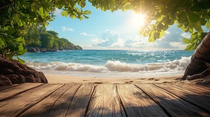 Poster - Rustic wooden podium positioned against a stunning tropical summer beach backdrop perfect for product display and presentation with gentle waves lapping and bright sunshine enhancing the scene