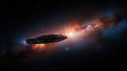 Spaceship navigating nebula, cosmic travel, galaxy background, sci-fi illustration