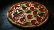 © Sawyer0 - The freshly baked pepperoni pizza, golden and crispy, is topped with vibrant basil leaves, resting on a dark surface that accentuates its delicious, savory appeal.